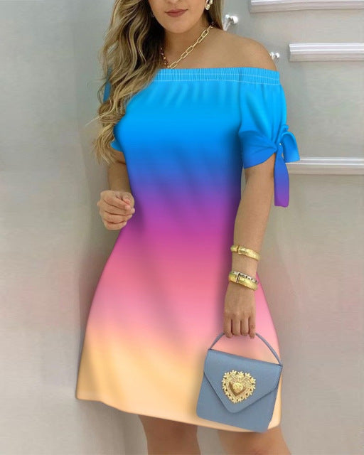 Women Off Shoulder Mini Dress Summer Sexy Short Sleeve Bow Tie Striped Floral Print Dresses Fashion Casual Loose Dress Vestidos
