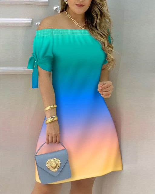 Women Off Shoulder Mini Dress Summer Sexy Short Sleeve Bow Tie Striped Floral Print Dresses Fashion Casual Loose Dress Vestidos