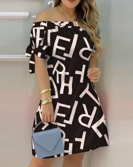 Women Off Shoulder Mini Dress Summer Sexy Short Sleeve Bow Tie Striped Floral Print Dresses Fashion Casual Loose Dress Vestidos