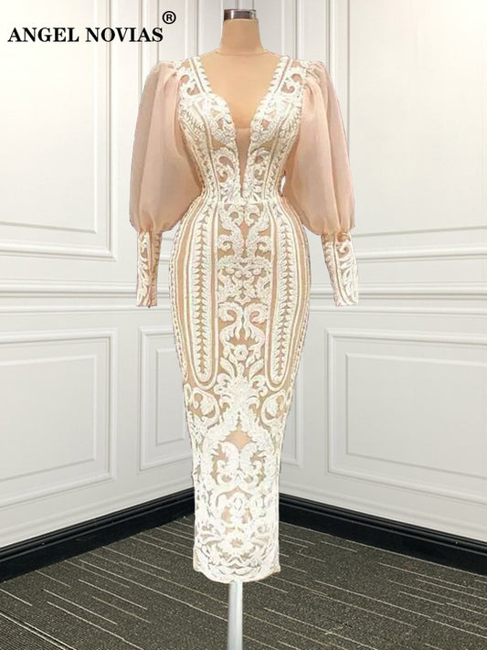 ANGEL NOVIAS Long Sleeves Champagne Lace Arabic Evening Dress 2022 V Neck Robes De Soiree Longue