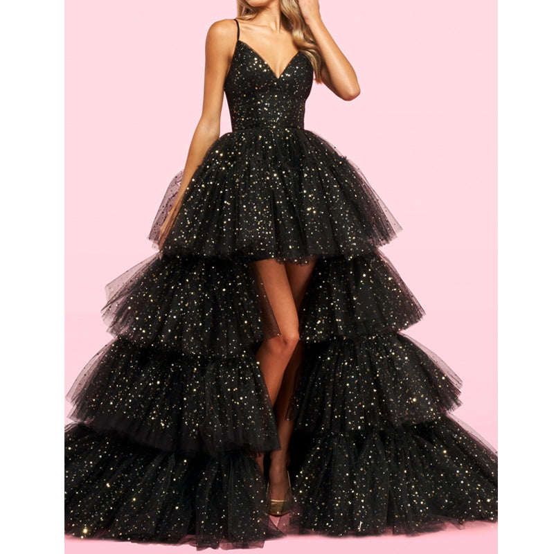 Pink Prom Robes De Soirée Chiffon Spaghetti Strap Tulle Dress Wedding Party Cascading Ruffle Abends Kleider 2022 Dubai Ball Gown