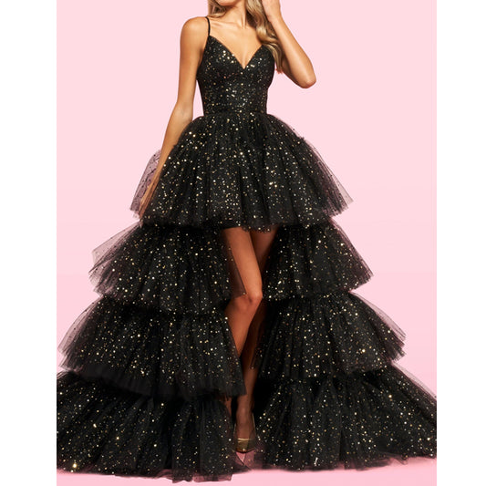 Pink Prom Robes De Soirée Chiffon Spaghetti Strap Tulle Dress Wedding Party Cascading Ruffle Abends Kleider 2022 Dubai Ball Gown
