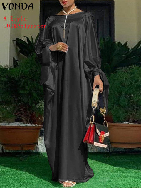 Elegant Kaftan Dress Women Satin Party Dress 2022 VONDA Long Sleeve Bohemian Holiday Summer Sundress Female Casual Vestidos Robe