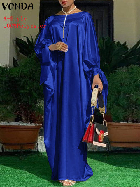 Elegant Kaftan Dress Women Satin Party Dress 2022 VONDA Long Sleeve Bohemian Holiday Summer Sundress Female Casual Vestidos Robe