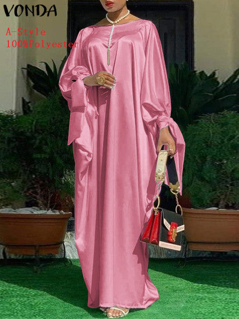 Elegant Kaftan Dress Women Satin Party Dress 2022 VONDA Long Sleeve Bohemian Holiday Summer Sundress Female Casual Vestidos Robe