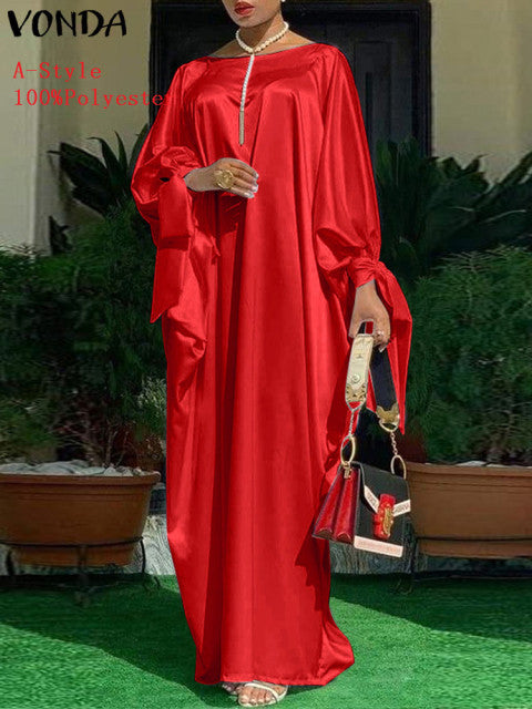 Elegant Kaftan Dress Women Satin Party Dress 2022 VONDA Long Sleeve Bohemian Holiday Summer Sundress Female Casual Vestidos Robe