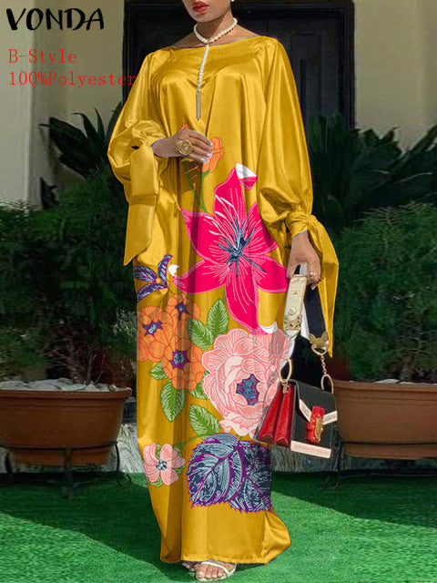 Elegant Kaftan Dress Women Satin Party Dress 2022 VONDA Long Sleeve Bohemian Holiday Summer Sundress Female Casual Vestidos Robe