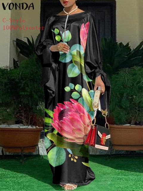 Elegant Kaftan Dress Women Satin Party Dress 2022 VONDA Long Sleeve Bohemian Holiday Summer Sundress Female Casual Vestidos Robe
