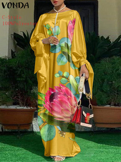 Elegant Kaftan Dress Women Satin Party Dress 2022 VONDA Long Sleeve Bohemian Holiday Summer Sundress Female Casual Vestidos Robe