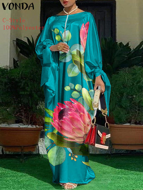 Elegant Kaftan Dress Women Satin Party Dress 2022 VONDA Long Sleeve Bohemian Holiday Summer Sundress Female Casual Vestidos Robe