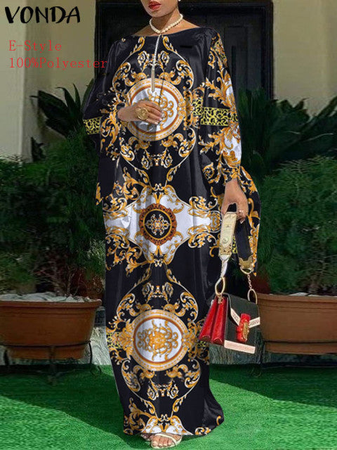 Elegant Kaftan Dress Women Satin Party Dress 2022 VONDA Long Sleeve Bohemian Holiday Summer Sundress Female Casual Vestidos Robe
