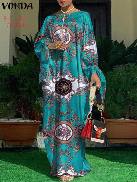 Elegant Kaftan Dress Women Satin Party Dress 2022 VONDA Long Sleeve Bohemian Holiday Summer Sundress Female Casual Vestidos Robe
