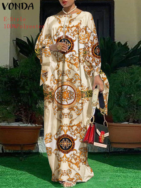 Elegant Kaftan Dress Women Satin Party Dress 2022 VONDA Long Sleeve Bohemian Holiday Summer Sundress Female Casual Vestidos Robe