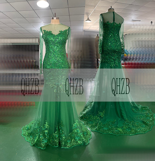 E2 Black Fashion O-Neck Natural Long Sleeves Mermaid/Trumpet Floor-Length Evening Dresses/Women Gowns Appliques Free Shipping