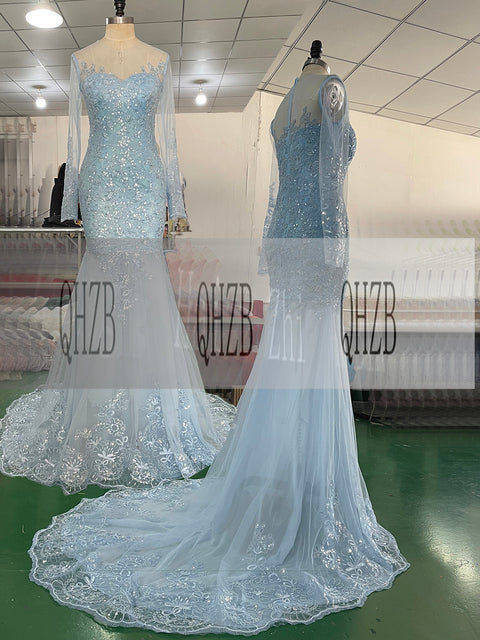 E2 Black Fashion O-Neck Natural Long Sleeves Mermaid/Trumpet Floor-Length Evening Dresses/Women Gowns Appliques Free Shipping