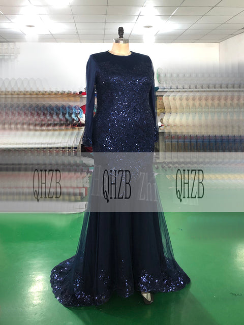 E2 Black Fashion O-Neck Natural Long Sleeves Mermaid/Trumpet Floor-Length Evening Dresses/Women Gowns Appliques Free Shipping