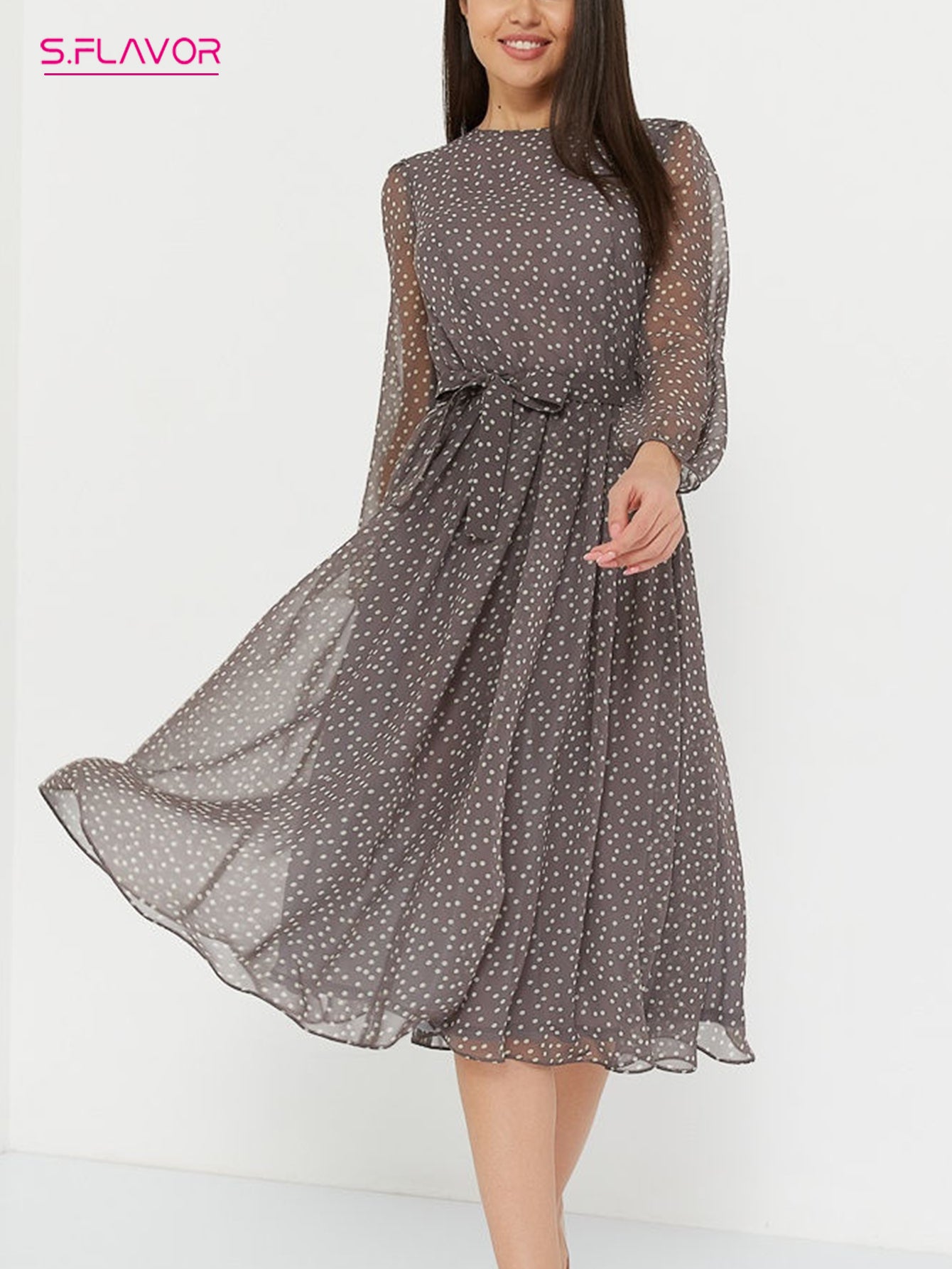 S.FLAVOR Elegant Dot Print Long Sleeve Polka Dress O Neck Chiffon A Line Women Casual Dress Vintage Midi Vestidos De