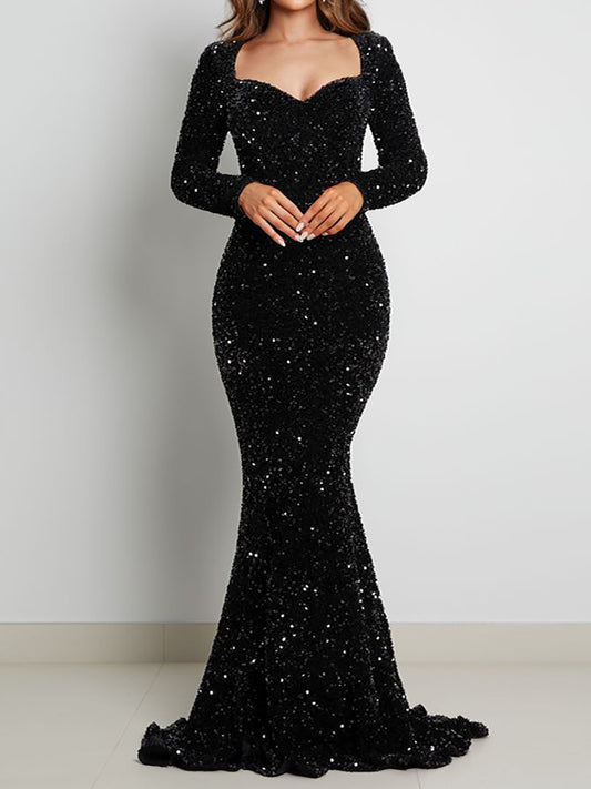 Luxury Black Long Sleeve Evening Gown Sequin Stretchy Velvet V Neck Mermaid Prom Floor Length Dress Burgundy Winter