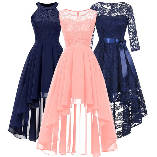 2022 wedding party dress prom gown fashion clothing Front short long back dark blue halter Bow Bridesmaid Dresses