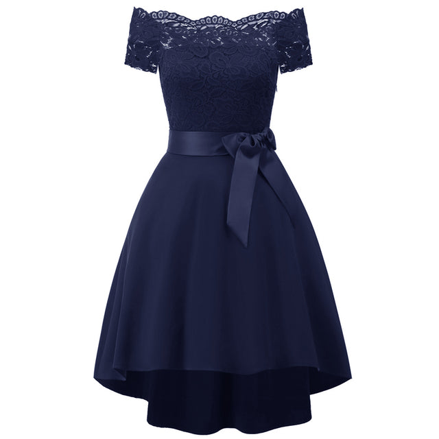 2022 wedding party dress prom gown fashion clothing Front short long back dark blue halter Bow Bridesmaid Dresses
