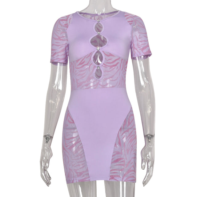 Sexy Zebra Print Cut Out Mesh Transparent Women Mini Dress for Beach Holiday Night Club Goth Party Bodycon Pencil Shorts Dresses