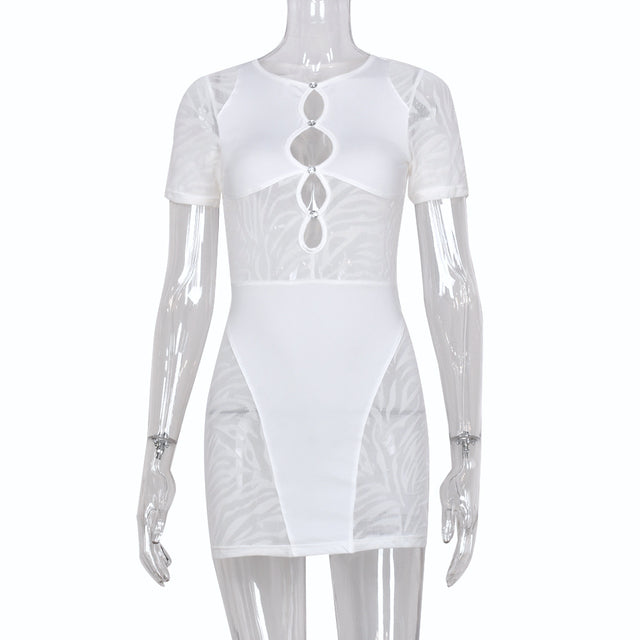 Sexy Zebra Print Cut Out Mesh Transparent Women Mini Dress for Beach Holiday Night Club Goth Party Bodycon Pencil Shorts Dresses