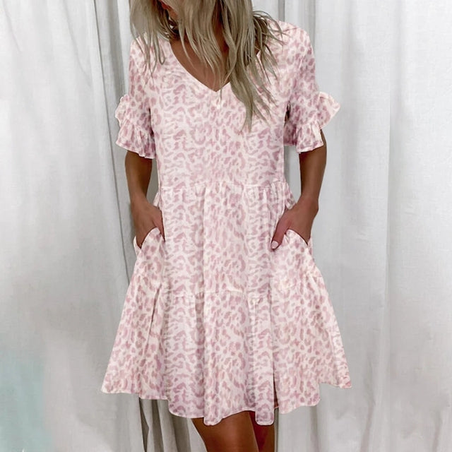 Women Ruffles Mini Dress Summer Fashion Elegant V-Neck Floral Print Patchwork Dresses Loose Pocket Casual Beach Party Vestidos
