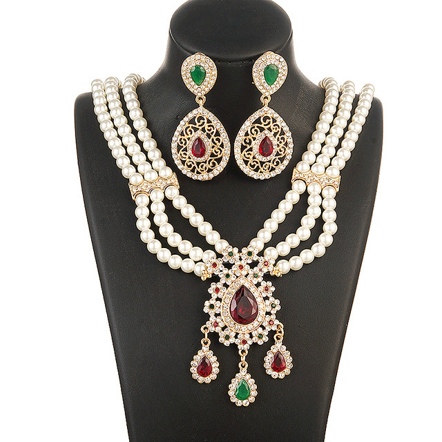 Arab Wedding Ornaments Set Fashionable Green Rhinestone Jewelry Moroccan Women Pearl Earrings Pearl Necklace Waist Chain,