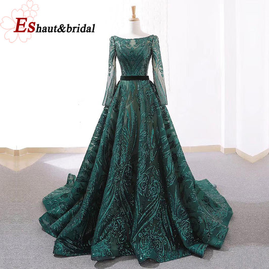 Dubai A-Line Luxury Wedding Evening Night Dresses Muslim 2022 Vintage Long Sleeves Sequin Sparkle Formal Prom Party Gowns