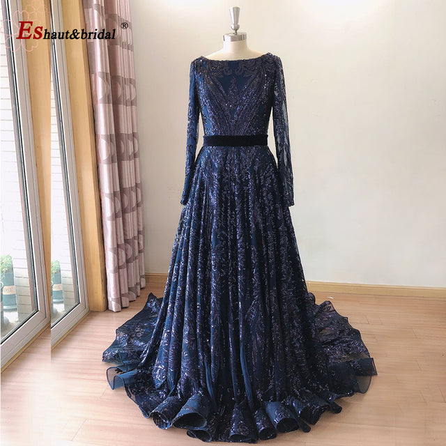 Dubai A-Line Luxury Wedding Evening Night Dresses Muslim 2022 Vintage Long Sleeves Sequin Sparkle Formal Prom Party Gowns