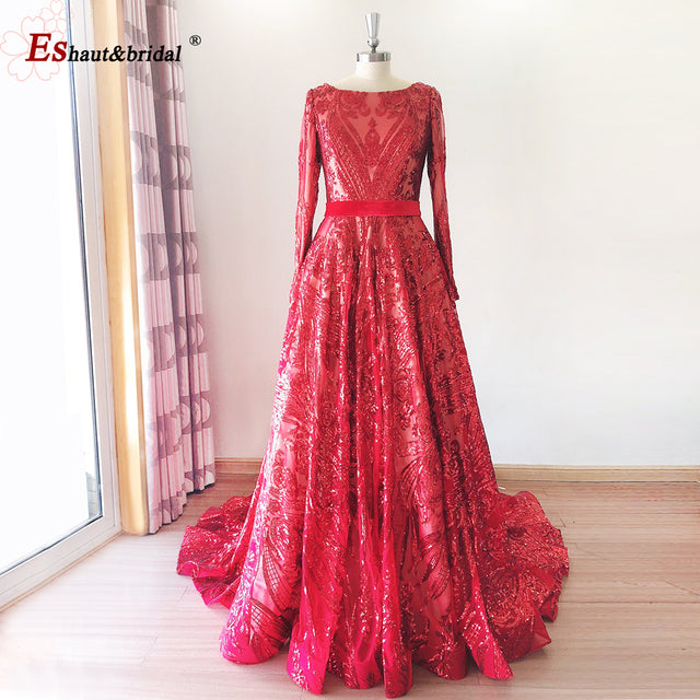 Dubai A-Line Luxury Wedding Evening Night Dresses Muslim 2022 Vintage Long Sleeves Sequin Sparkle Formal Prom Party Gowns