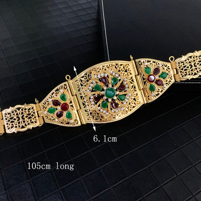 Women Caftan Belt Gold Color Red Green Stone Ethnic Wedding Dress Kaftan Abaya Metal Waist Chain Belt Jewelry